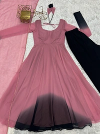 Azorte Fashion Trendy Soft Fox Georgette Padded Anarkali Set – 6.5m Flair, Dupatta & Pants - Onion Pink, XXL (44)