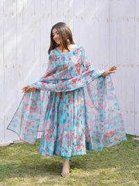 Azorte Fashion Shop Elegant Organza Silk Kali Anarkali Set – Dupatta & Pants Included - Sky, XXL (44)
