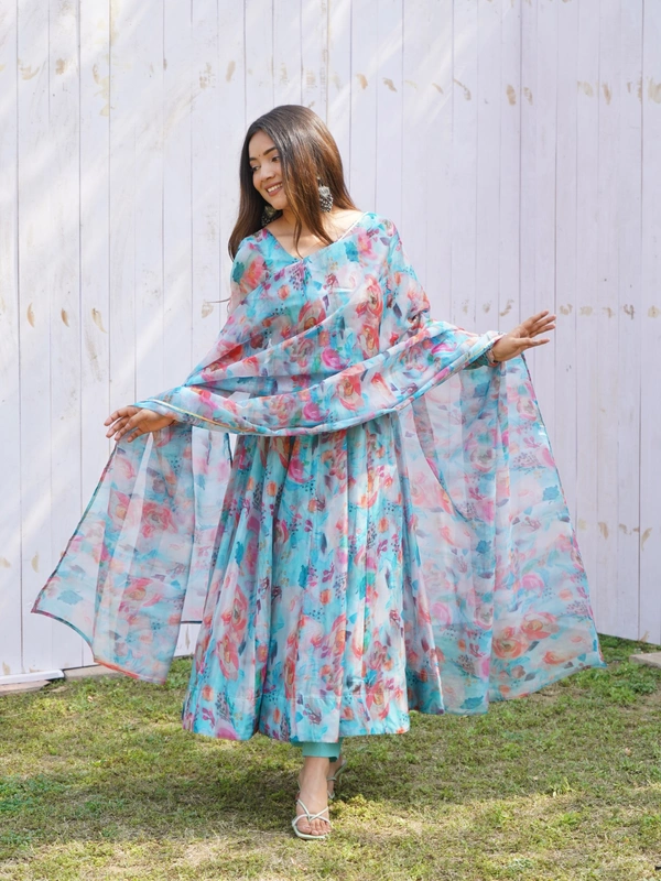 Azorte Fashion Shop Elegant Organza Silk Kali Anarkali Set – Dupatta & Pants Included - Sky, XXL (44)