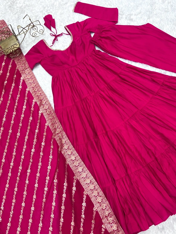 Azorte Fashion Pure Roman Silk Chanderi Anarkali Suit – 9m Flair, Banarasi Dupatta & Churidar Sleeves - Shiraz, S (36)