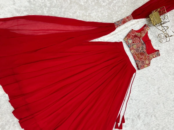 Azorte Fashion Luxury 8m Flair Fox Georgette Blooming Lehenga Set – Embroidered Blouse & Belt Dupatta - RED, S (36), Fully Stitched Blouse