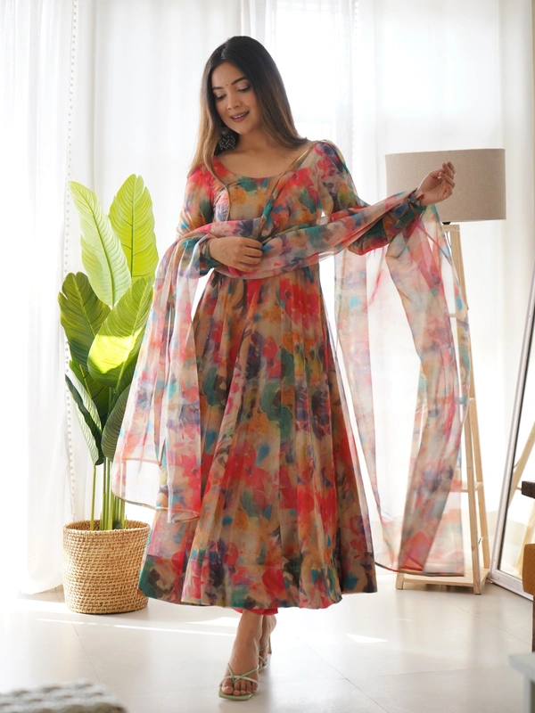 Azorte Fashion Shop Elegant Organza Silk Kali Anarkali Set – Dupatta & Pants Included - Vol, S (36)