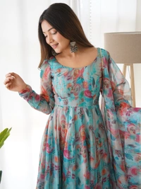 Azorte Fashion Shop Elegant Organza Silk Kali Anarkali Set – Dupatta & Pants Included - Sky, XXL (44)