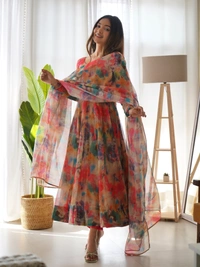 Azorte Fashion Shop Elegant Organza Silk Kali Anarkali Set – Dupatta & Pants Included - Vol, S (36)