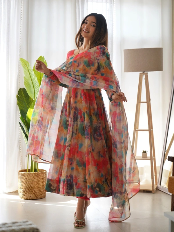 Azorte Fashion Shop Elegant Organza Silk Kali Anarkali Set – Dupatta & Pants Included - Vol, S (36)
