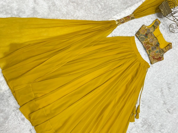 Azorte Fashion Luxury Fox Georgette Blooming Lehenga Set – Embroidered Blouse & Belt Dupatta - Yellow, S (36), Fully Stitched Blouse