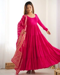 Azorte Fashion Pure Roman Silk Chanderi Anarkali Suit – 9m Flair, Banarasi Dupatta & Churidar Sleeves - Shiraz, S (36)