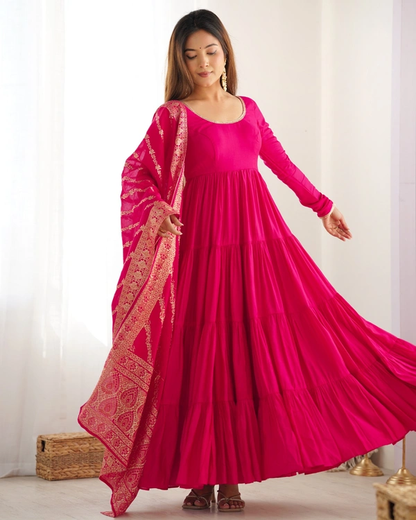 Azorte Fashion Pure Roman Silk Chanderi Anarkali Suit – 9m Flair, Banarasi Dupatta & Churidar Sleeves - Shiraz, S (36)