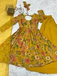 Azorte Fashion Elegant Roman Silk Chanderi Kediya Kurta Set – 4m Flair, Dupatta & Palazzo - Buddha Gold, M (38)