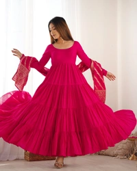Azorte Fashion Pure Roman Silk Chanderi Anarkali Suit – 9m Flair, Banarasi Dupatta & Churidar Sleeves - Shiraz, S (36)