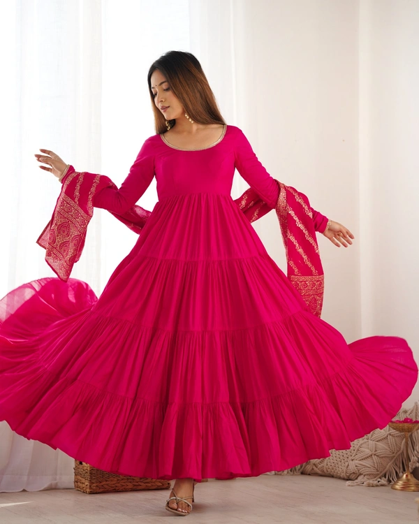 Azorte Fashion Pure Roman Silk Chanderi Anarkali Suit – 9m Flair, Banarasi Dupatta & Churidar Sleeves - Shiraz, S (36)