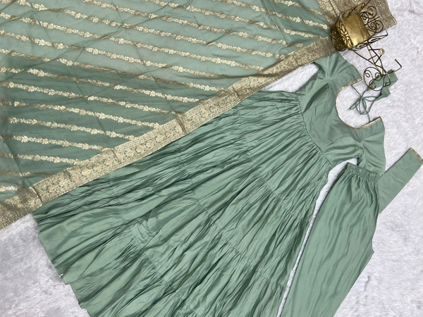Azorte Fashion Pure Roman Silk Chanderi Anarkali Suit – 9m Flair, Banarasi Dupatta & Churidar Sleeves - Spanish Green, XS (34)