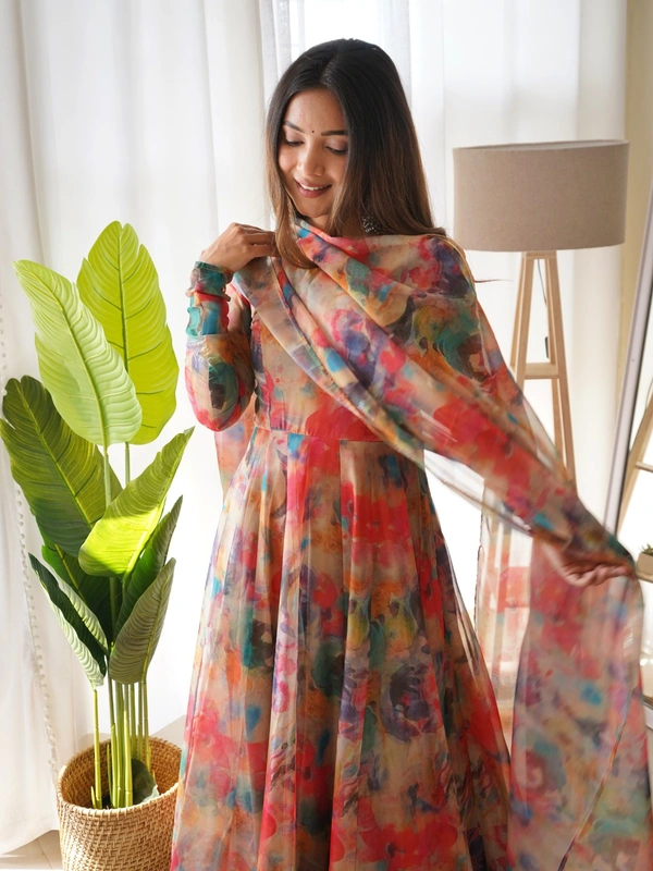 Azorte Fashion Shop Elegant Organza Silk Kali Anarkali Set – Dupatta & Pants Included - Vol, S (36)