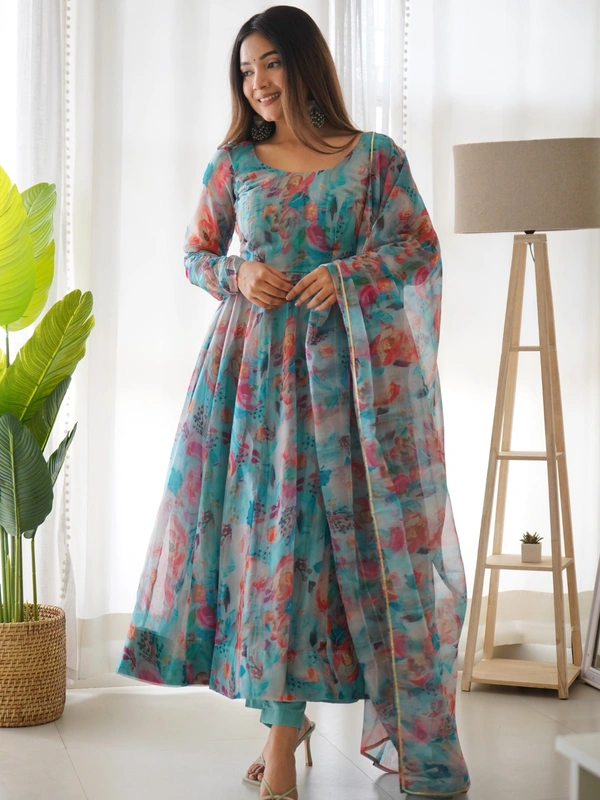 Azorte Fashion Shop Elegant Organza Silk Kali Anarkali Set – Dupatta & Pants Included - Sky, XXL (44)