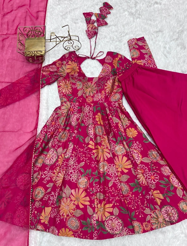 Azorte Fashion Elegant Roman Silk Chanderi Kediya Kurta Set – 4m Flair, Dupatta & Palazzo - Pink, M (38)
