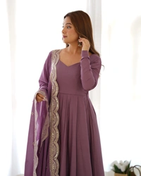 Azorte Fashion Premium Roman Silk Chanderi Anarkali Set – 16-Kali Flair, Embroidered Dupatta & Stitched Pants - Cannon Pink, XS (34)
