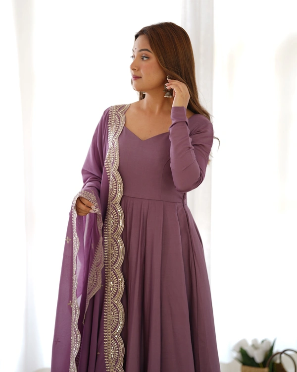 Azorte Fashion Premium Roman Silk Chanderi Anarkali Set – 16-Kali Flair, Embroidered Dupatta & Stitched Pants - Cannon Pink, XS (34)