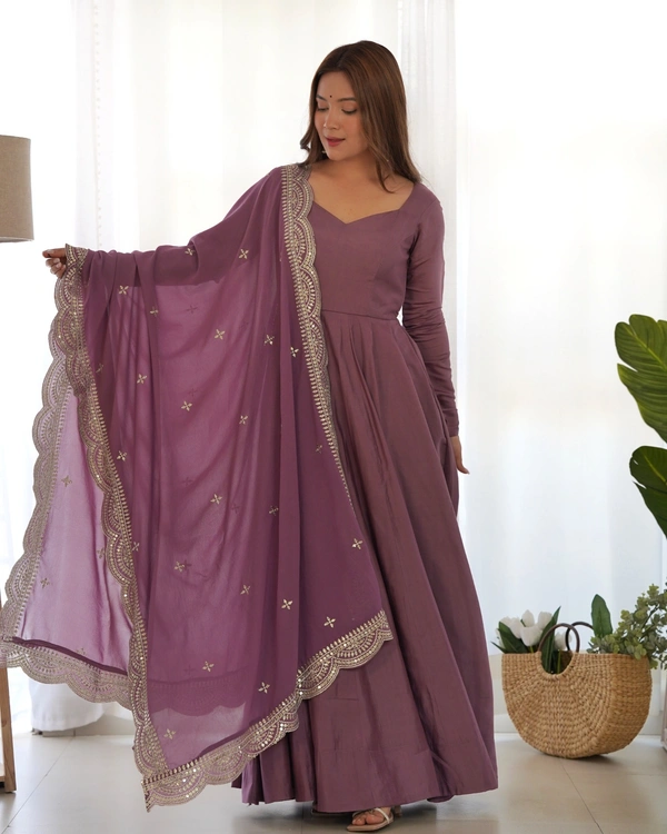 Azorte Fashion Premium Roman Silk Chanderi Anarkali Set – 16-Kali Flair, Embroidered Dupatta & Stitched Pants - Cannon Pink, XS (34)