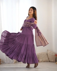 Azorte Fashion Pure Roman Silk Chanderi Anarkali Suit – 9m Flair, Banarasi Dupatta & Churidar Sleeves - Cosmic, L (40)