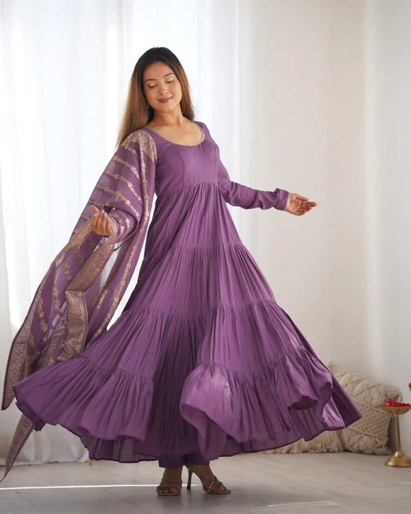 Azorte Fashion Pure Roman Silk Chanderi Anarkali Suit – 9m Flair, Banarasi Dupatta & Churidar Sleeves - Cosmic, L (40)