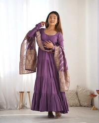 Azorte Fashion Pure Roman Silk Chanderi Anarkali Suit – 9m Flair, Banarasi Dupatta & Churidar Sleeves - Cosmic, L (40)