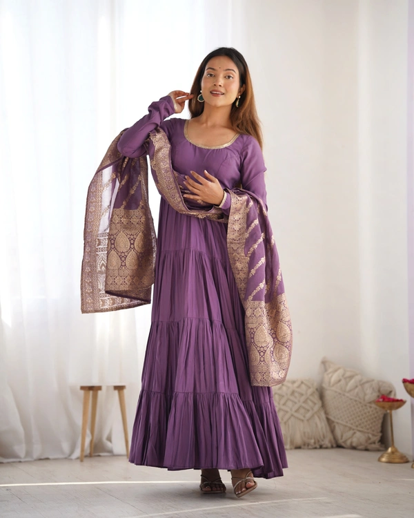 Azorte Fashion Pure Roman Silk Chanderi Anarkali Suit – 9m Flair, Banarasi Dupatta & Churidar Sleeves - Cosmic, L (40)