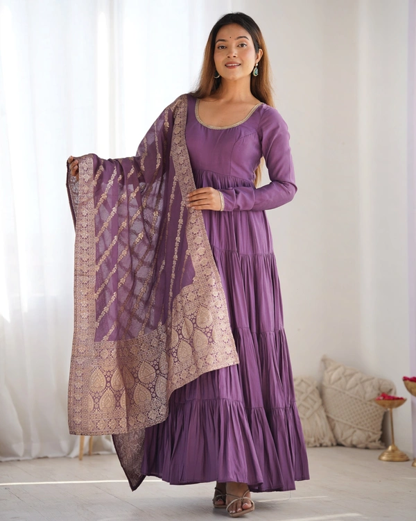 Azorte Fashion Pure Roman Silk Chanderi Anarkali Suit – 9m Flair, Banarasi Dupatta & Churidar Sleeves - Cosmic, L (40)