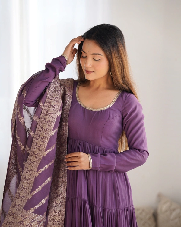 Azorte Fashion Pure Roman Silk Chanderi Anarkali Suit – 9m Flair, Banarasi Dupatta & Churidar Sleeves - Cosmic, L (40)