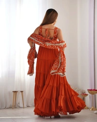 Azorte Fashion Luxury 12m Flair Fox Georgette Anarkali Set – Embroidered Dupatta & Stitched Pant - Red Mix, L (40)