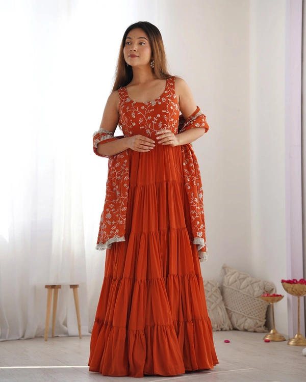 Azorte Fashion Luxury 12m Flair Fox Georgette Anarkali Set – Embroidered Dupatta & Stitched Pant - Red Mix, L (40)