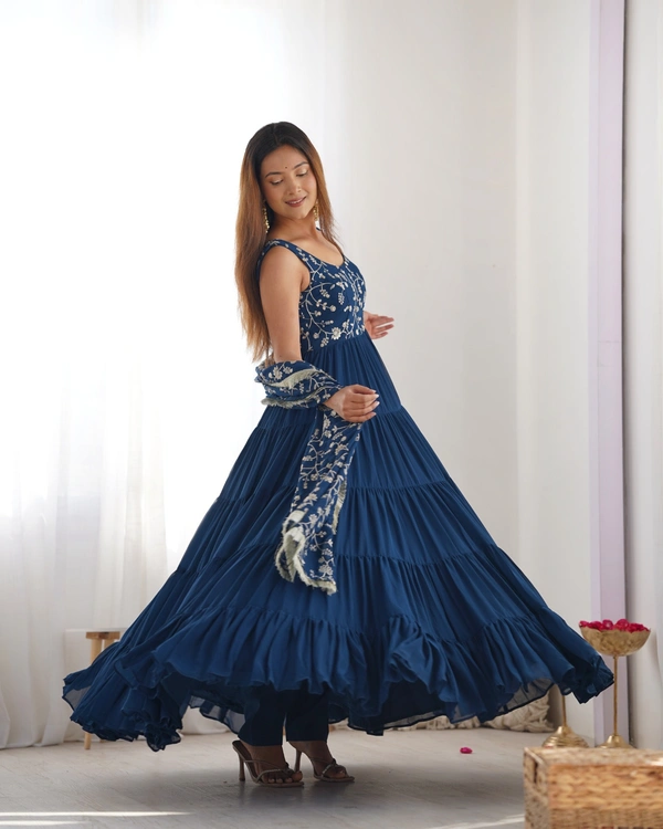 Azorte Fashion Luxury 12m Flair Fox Georgette Anarkali Set – Embroidered Dupatta & Stitched Pant - Teal Blue, M (38)