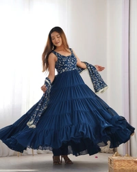 Azorte Fashion Luxury 12m Flair Fox Georgette Anarkali Set – Embroidered Dupatta & Stitched Pant - Teal Blue, M (38)