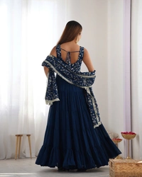 Azorte Fashion Luxury 12m Flair Fox Georgette Anarkali Set – Embroidered Dupatta & Stitched Pant - Teal Blue, M (38)