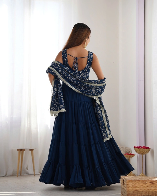 Azorte Fashion Luxury 12m Flair Fox Georgette Anarkali Set – Embroidered Dupatta & Stitched Pant - Teal Blue, M (38)