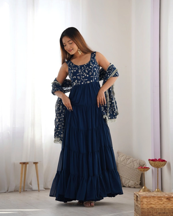 Azorte Fashion Luxury 12m Flair Fox Georgette Anarkali Set – Embroidered Dupatta & Stitched Pant - Teal Blue, M (38)