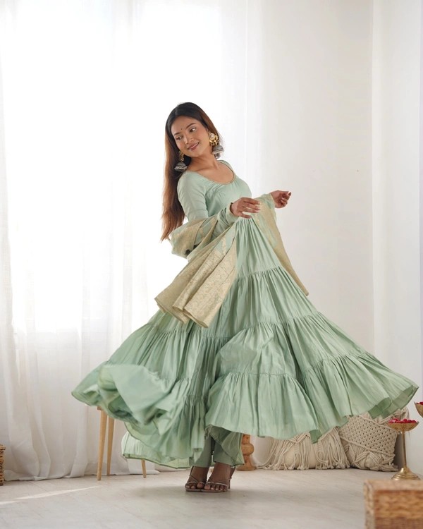 Azorte Fashion Pure Roman Silk Chanderi Anarkali Suit – 9m Flair, Banarasi Dupatta & Churidar Sleeves - Spanish Green, XS (34)