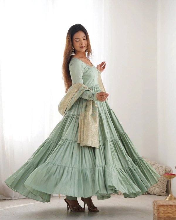 Azorte Fashion Pure Roman Silk Chanderi Anarkali Suit – 9m Flair, Banarasi Dupatta & Churidar Sleeves - Spanish Green, XS (34)