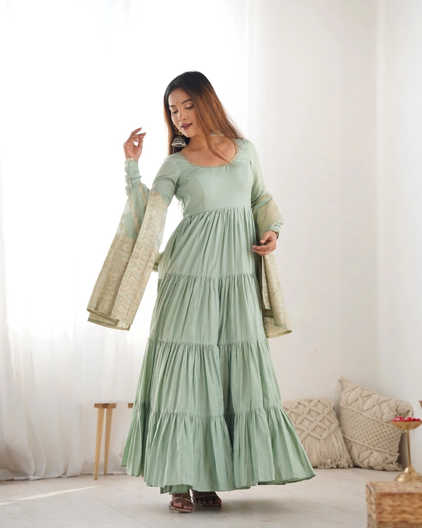 Azorte Fashion Pure Roman Silk Chanderi Anarkali Suit – 9m Flair, Banarasi Dupatta & Churidar Sleeves - Spanish Green, XS (34)
