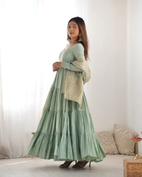 Azorte Fashion Pure Roman Silk Chanderi Anarkali Suit – 9m Flair, Banarasi Dupatta & Churidar Sleeves - Spanish Green, XS (34)