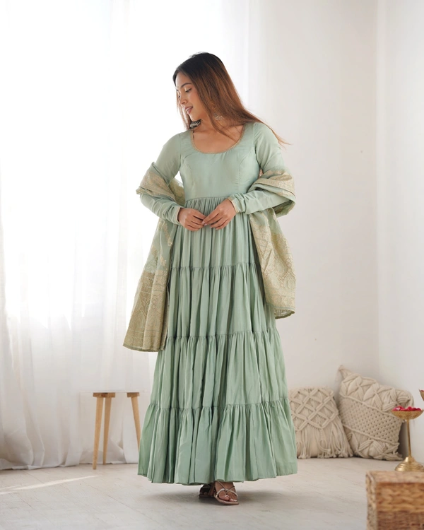 Azorte Fashion Pure Roman Silk Chanderi Anarkali Suit – 9m Flair, Banarasi Dupatta & Churidar Sleeves - Spanish Green, XS (34)