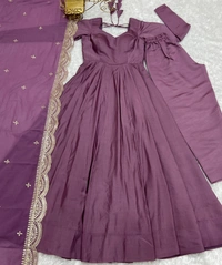 Azorte Fashion Premium Roman Silk Chanderi Anarkali Set – 16-Kali Flair, Embroidered Dupatta & Stitched Pants - Cannon Pink, XS (34)