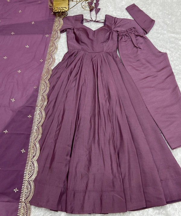 Azorte Fashion Premium Roman Silk Chanderi Anarkali Set – 16-Kali Flair, Embroidered Dupatta & Stitched Pants - Cannon Pink, XS (34)