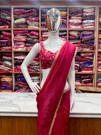 Azorte Fashion Gold Crush Tissue Silk Pre-Draped Saree with Stitched Blouse – Elegant & Ready to Wear - Mexican Red, L (40), Full Stitched Blouse