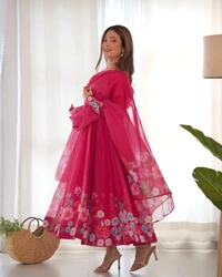 Azorte Fashion Pure Soft Organza Silk Anarkali Suit Set – Elegant Badla Jari Work & Gota Patti Dupatta - Pink, S (36)
