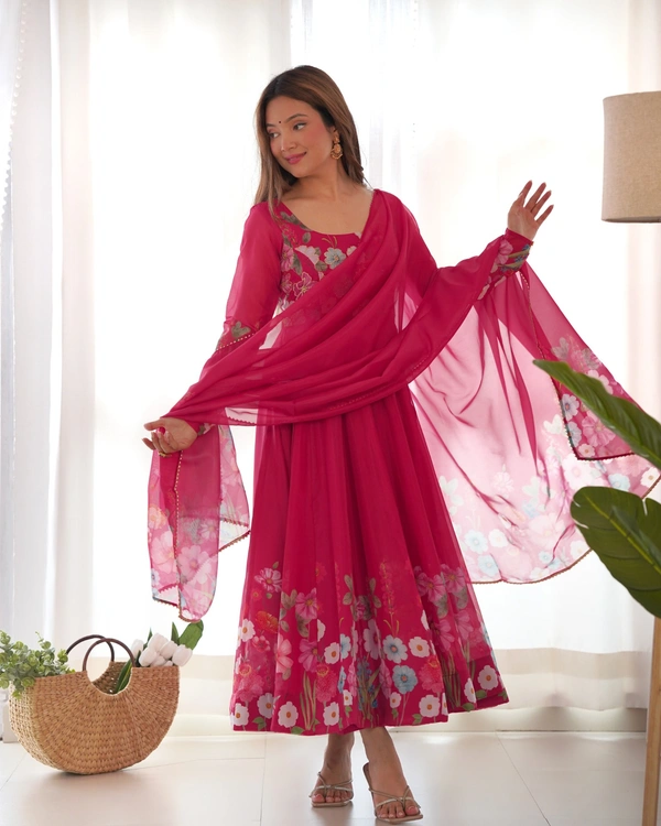 Azorte Fashion Pure Soft Organza Silk Anarkali Suit Set – Elegant Badla Jari Work & Gota Patti Dupatta - Pink, S (36)