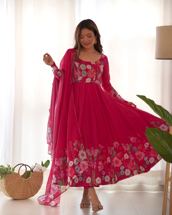 Azorte Fashion Pure Soft Organza Silk Anarkali Suit Set – Elegant Badla Jari Work & Gota Patti Dupatta - Pink, S (36)