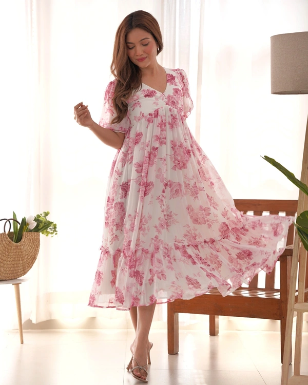 Azorte Fashion Buy Soft Georgette Floral One-Piece Dress – 4.5m Flair | Azorte Fashion - Pink, S (36)