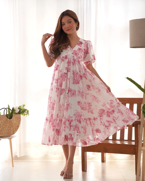 Azorte Fashion Buy Soft Georgette Floral One-Piece Dress – 4.5m Flair | Azorte Fashion - Pink, S (36)