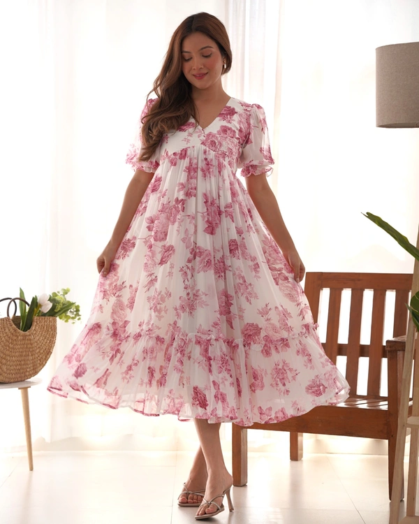Azorte Fashion Buy Soft Georgette Floral One-Piece Dress – 4.5m Flair | Azorte Fashion - Pink, S (36)