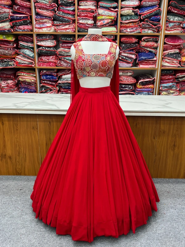 Azorte Fashion Luxury 8m Flair Fox Georgette Blooming Lehenga Set – Embroidered Blouse & Belt Dupatta - RED, S (36), Fully Stitched Blouse